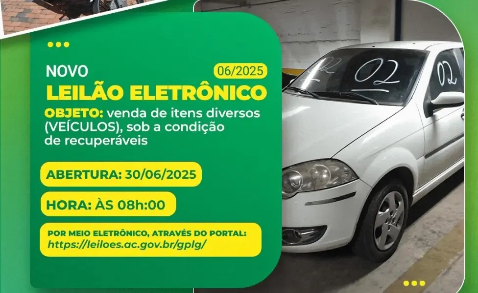 Governo do Acre realiza leilão eletrônico com veículos recuperáveis nesta segunda (30)