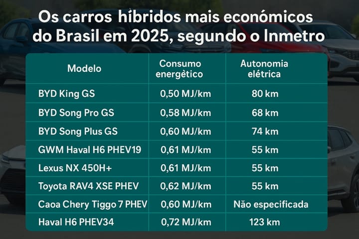 Os 10 carros híbridos mais econômicos do Brasil em 2025, segundo o Inmetro