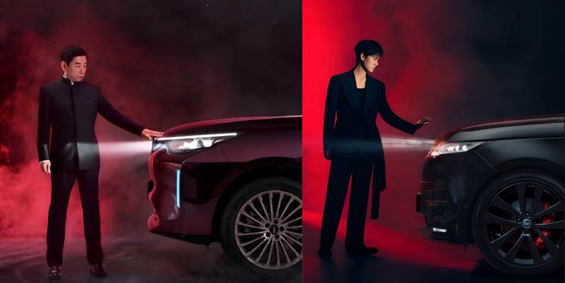 Imagem impactante de duas pessoas interagindo com carros em um ambiente dramático, destacando design e inovação automotiva.