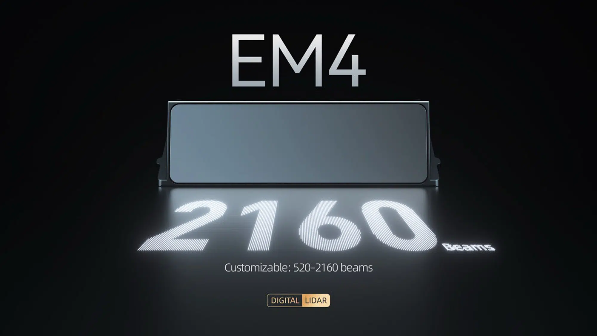 Texto alternativo: Em4 com 2160 feixes personalizáveis, destacando tecnologia Digital Lidar em fundo escuro.